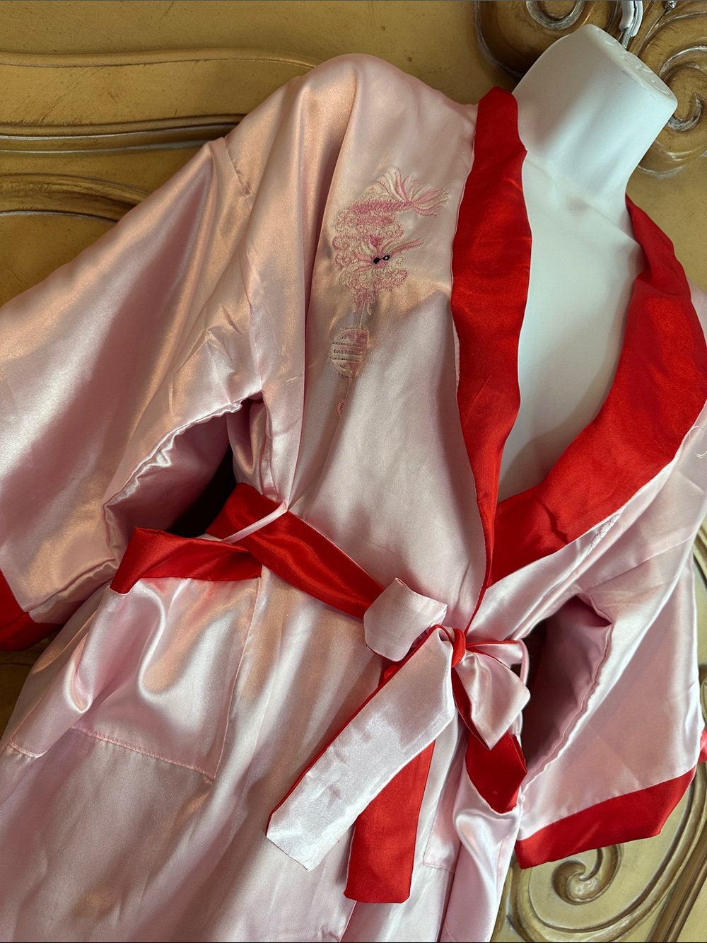 Satin Reversible Pink Kimono Robe with Red Trim and embroidered designs - Picture 7 of 13